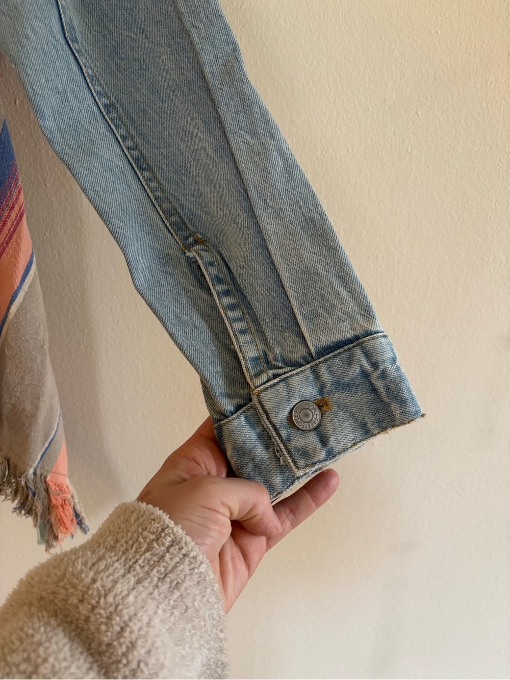 Free People Light Wash Denim Jacket with Pastel Fringe Panels - Picture 5 of 8